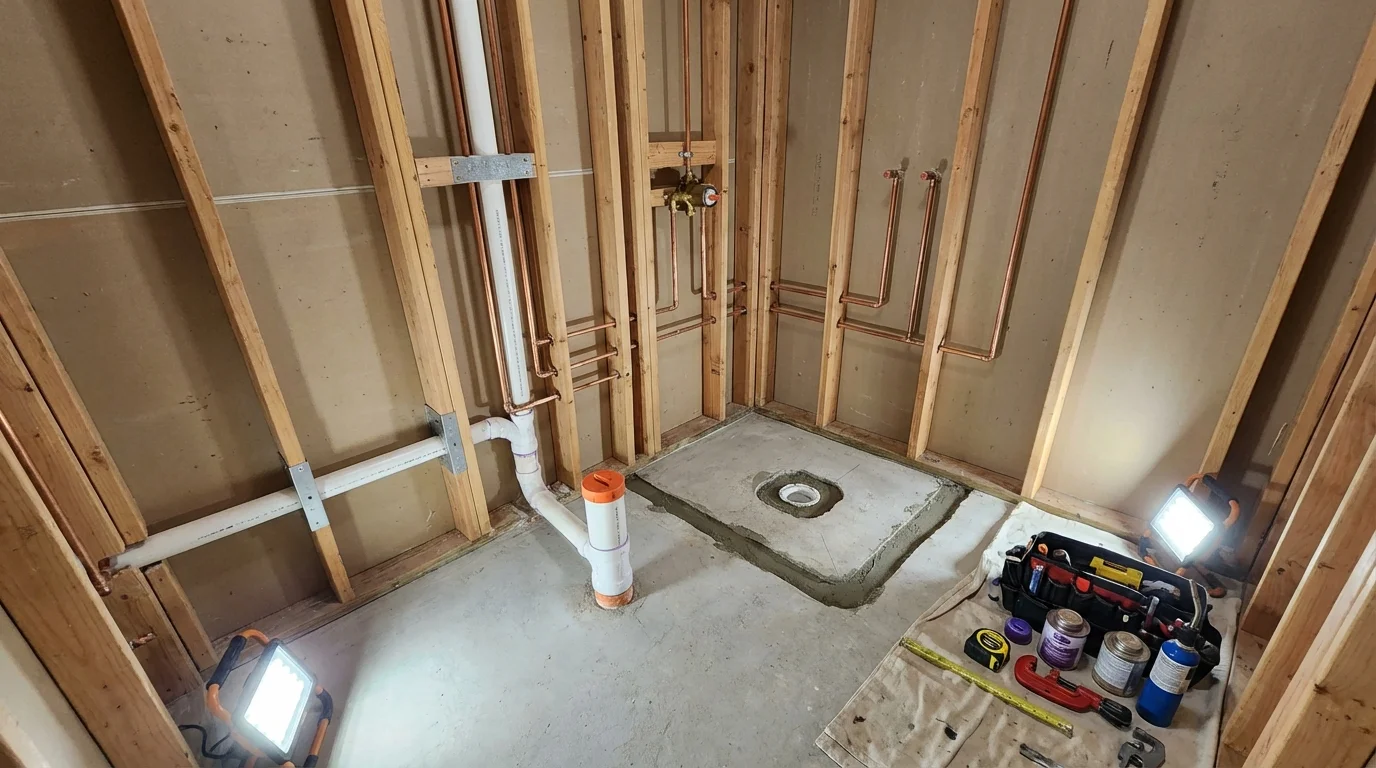Bathroom rough-in plumbing during remodel by Johns Plumbing LLC in Yorba Linda