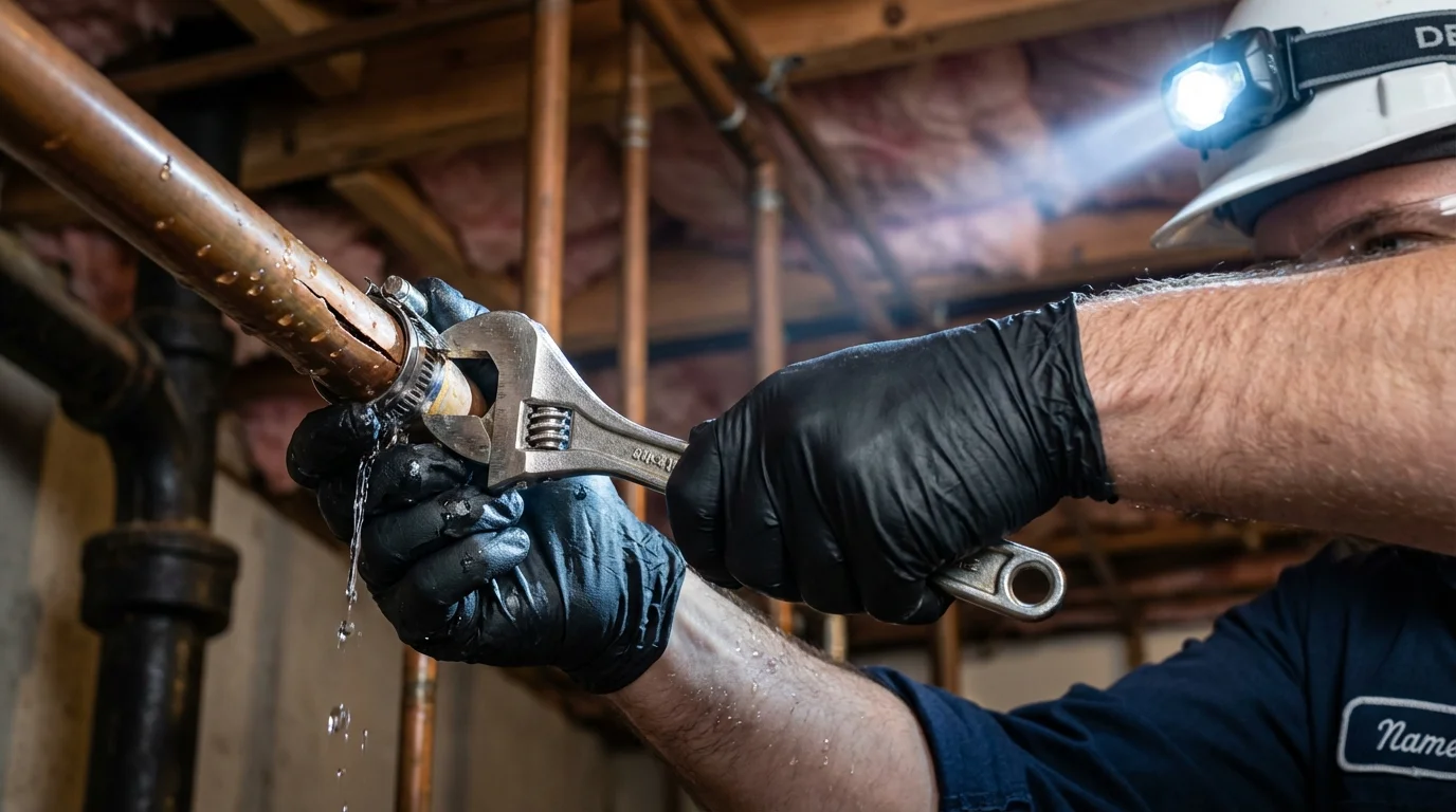 Emergency pipe clamp repair being performed by a Johns Plumbing LLC plumber in Yorba Linda