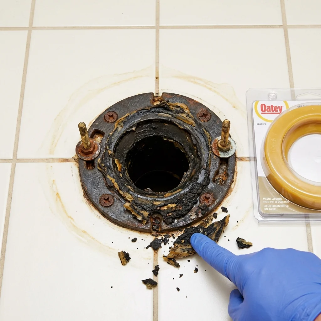 Failed wax ring showing water seepage at the base of a toilet in a Yorba Linda, CA home