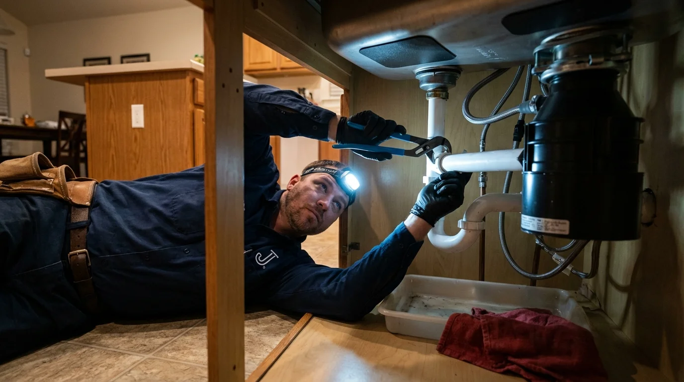 P-trap and supply line connections under a kitchen sink showing a common leak point in Yorba Linda, CA